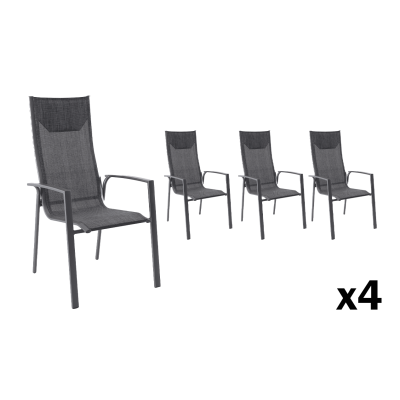 Lot de 4 fauteuils de jardin empilables PosaAC aluminium gris chiné, haut dossier et têtière