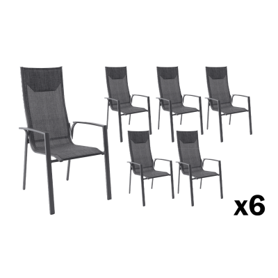 Lot de 6 fauteuils de jardin empilables PosaAC aluminium gris chiné, haut dossier et têtière
