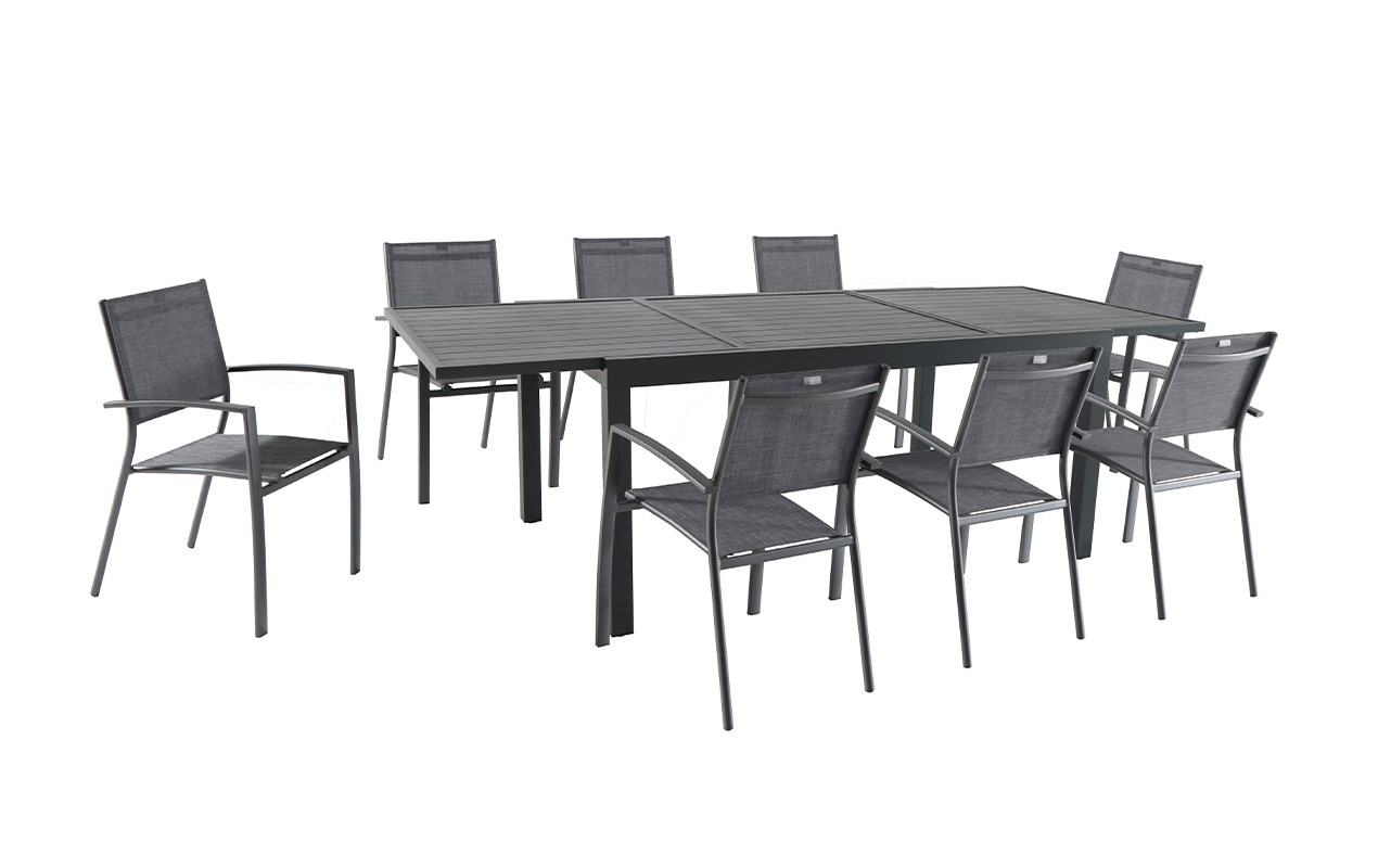 Table de jardin extensible aluminium gris 160/240cm + 8 fauteuils